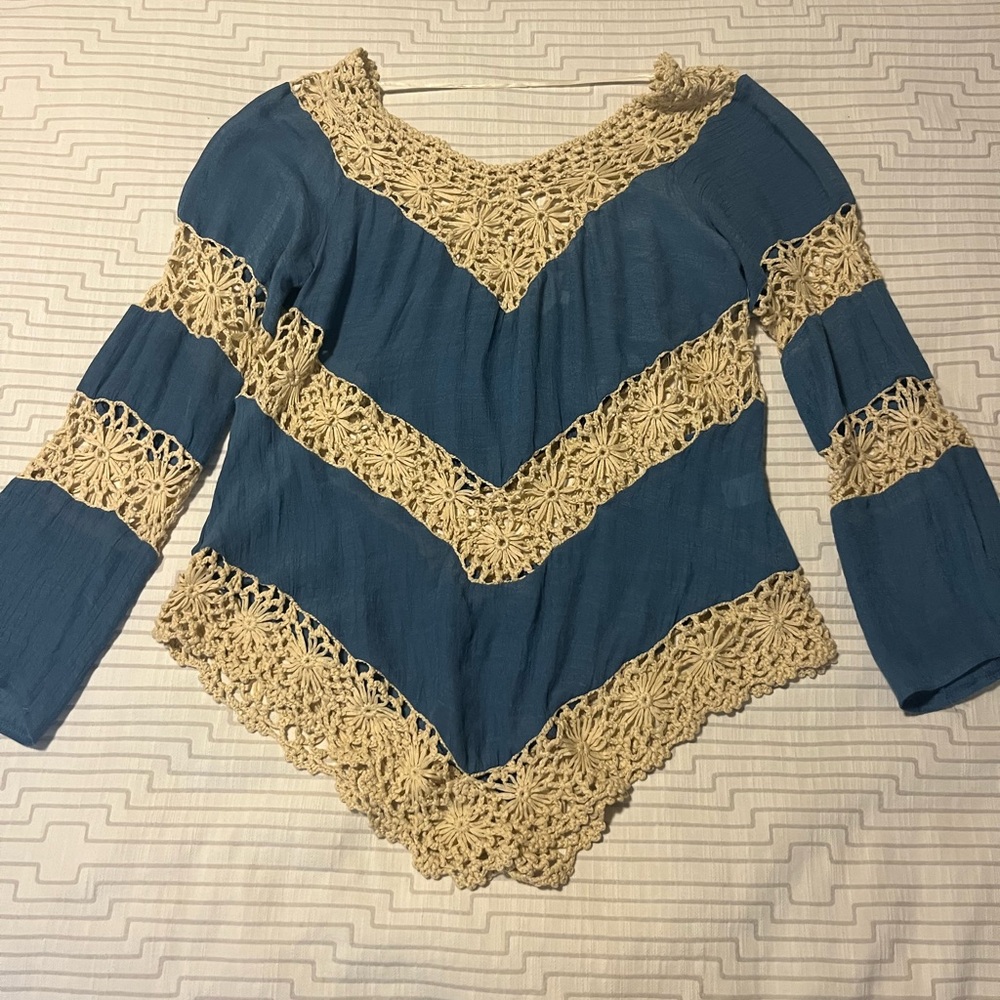 Bohemian Blue and Cream Crochet Women's Beach Coverup
